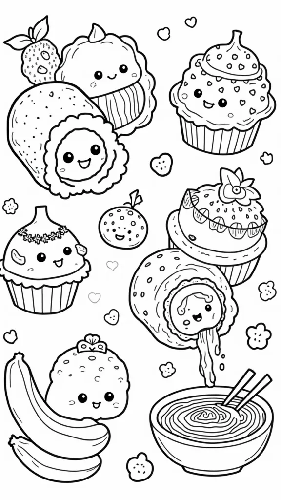 Páginas para colorear de Kawaii Foods